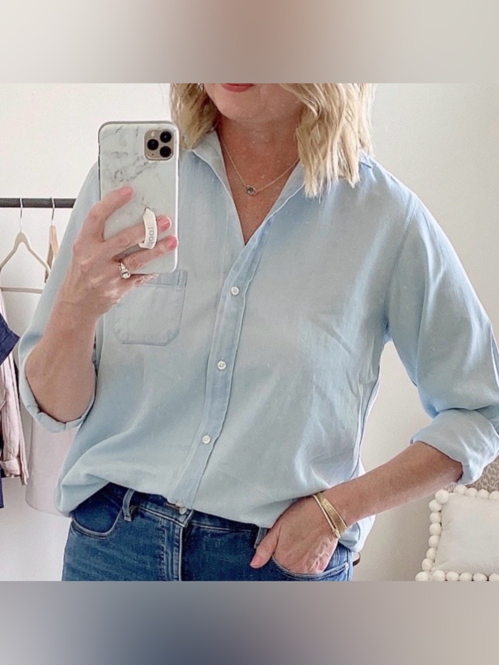 Grayson The Hero Button Up Shirt light blue Chambray bleached distressed Top XS